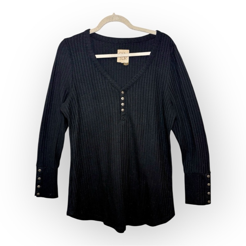 Chaser Black Ribbed Henley Long Sleeve Top Minimalist Essential XL